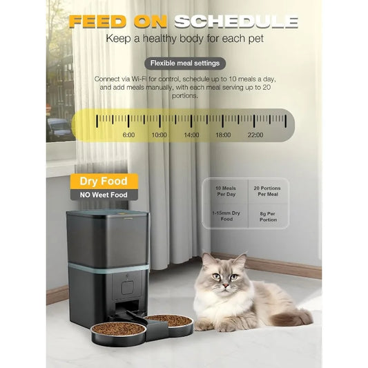 Automatic Cat Feeders 2 Cat,Pet Feeder Automatic 2.4G WiFi App Control, Dual Power Supply 10s Voice Recording Pet Auto Feeder