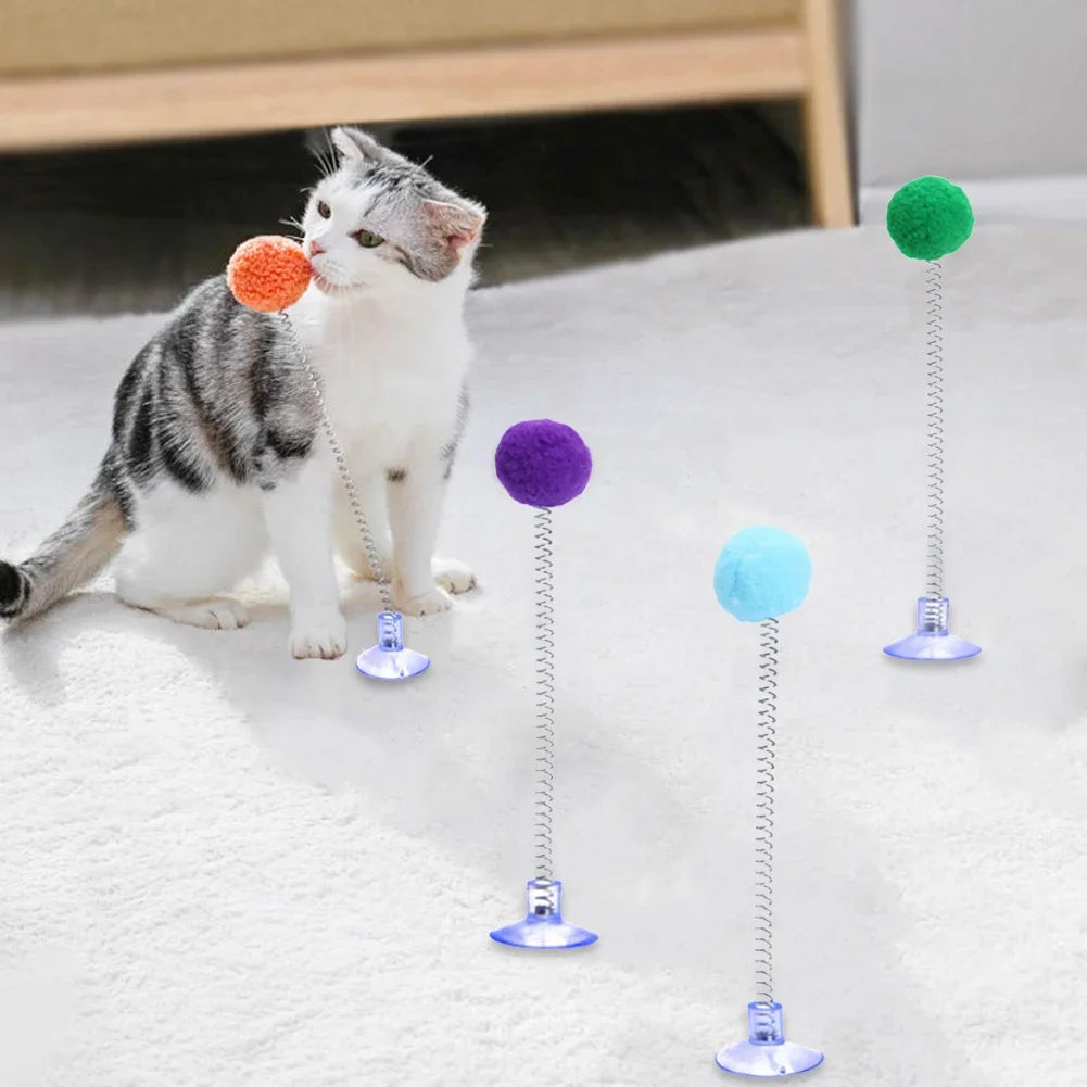 1pc Fur Ball Spring Cat Toy Suction Cup Multicolored Teaser Wand Interactive Toys Cat Scratcher Toys