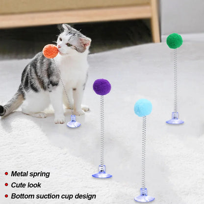 1pc Fur Ball Spring Cat Toy Suction Cup Multicolored Teaser Wand Interactive Toys Cat Scratcher Toys
