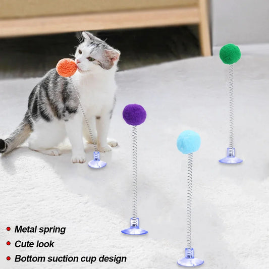 1pc Fur Ball Spring Cat Toy Suction Cup Multicolored Teaser Wand Interactive Toys Cat Scratcher Toys