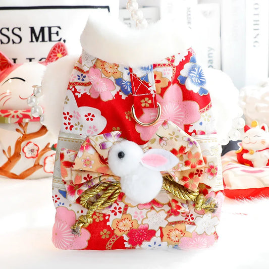 Dog skirt Cat Princess Romantic Cherry Blossom Kimono Cotton-padded Small Dog Teddy Pet Clothes