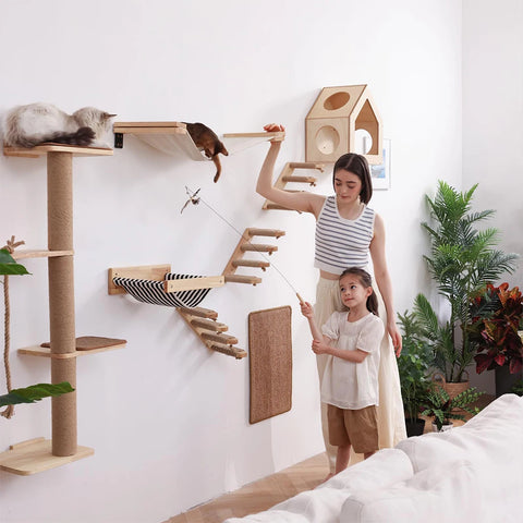 Cat Wall Climbing Shelf Four Step Stairway Scratching Post Bed Hiding House For Indoor Cats Tree Tower Pet Furniture Accessories