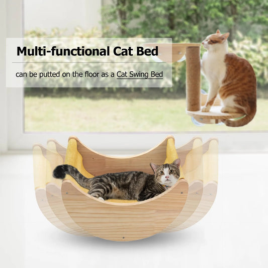 Wooden Cat Window Hammock with Suction Cups - Hanging Swing Bed Perch for Cats & Small Dogs | Space-Saving Pet Lounger