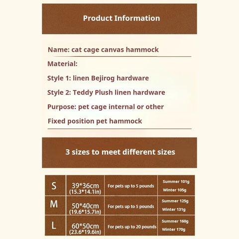 All-Season Cat Hammock for Cages, Durable Canvas & Linen, S/M/L Sizes, Easy Installation & Cleaning