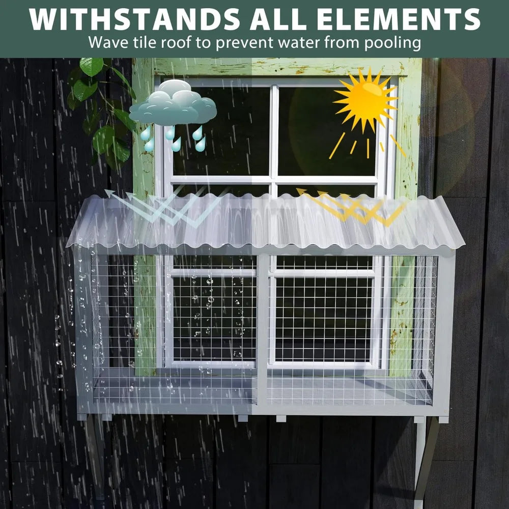 Wooden Catio, Weatherproof Outdoor Cat Enclosure with Galvanized Mesh and PVC Corrugated Tiles, Cat Window Perch
