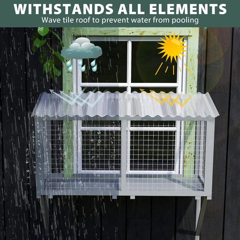 Wooden Catio, Weatherproof Outdoor Cat Enclosure with Galvanized Mesh and PVC Corrugated Tiles, Cat Window Perch