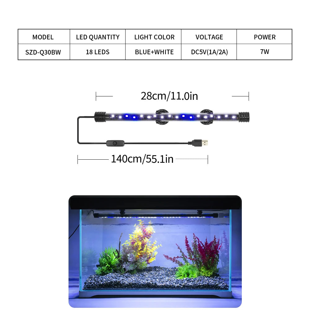 USB Aquarium Light LED Plant Grow Lamp 18-58CM Aquariums Decor Lighting Waterproof Fish Tank Light