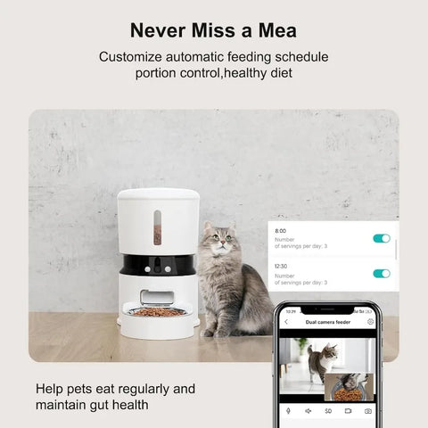 Automatic Cat Feeder 2 Cameras 1080P 5GHz WiFi Cat Food Dispenser Timed Programmable Pet Food Dispenser with Dual