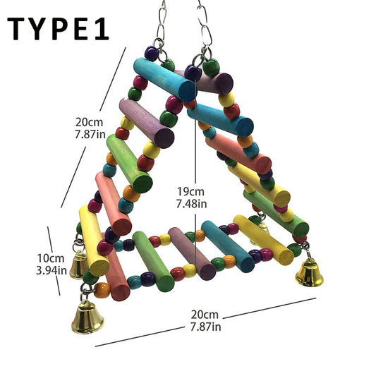 Wooden Parrot Hanging Rainbow Hammock training Ladder Toys With Bells Bird Cage Pet Accessories For Large Small Birds