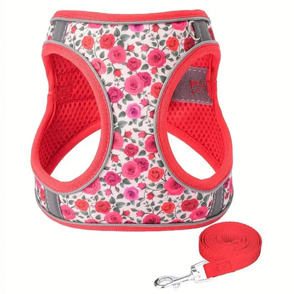 HP386--Pet cat & dog printed vest style harness, 360° fit to the pet's body shape, 1.5-meter dog rope