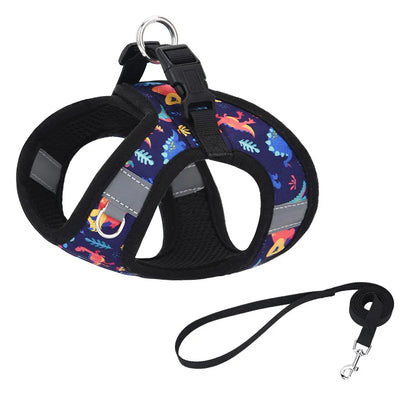 HP386--Pet cat & dog printed vest style harness, 360° fit to the pet's body shape, 1.5-meter dog rope